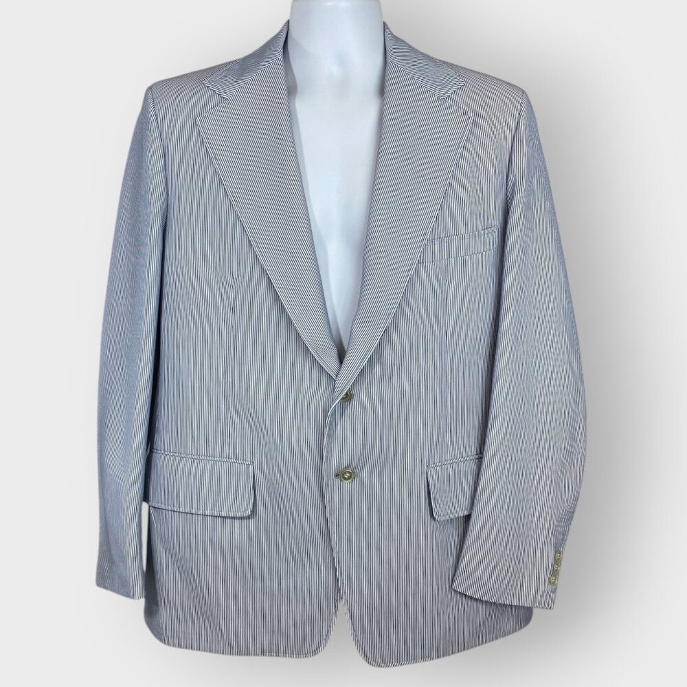 Vintage Haspel Mens Blazer | 44 in | Blue White Striped | Vented | Retro 70s